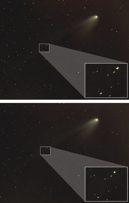 The difference between guided and unguided images is clear. At top is an unguided shot of Comet 12P/Pons-Brooks, with stars clearly trailed. At bottom is a second shot, with guiding turned on. Both are two-minute exposures taken April 13, 2024, from Payson, Arizona, with an 8-inch RASA scope and ASI071MC camera.